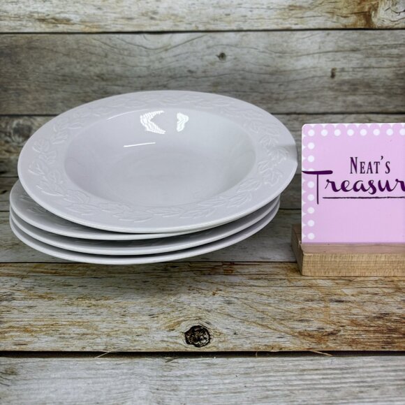Pfaltzgraff AUTUMN LEAVES White Raised Leaves Large Rimmed Soup Bowls Set of 4 - Picture 1 of 16